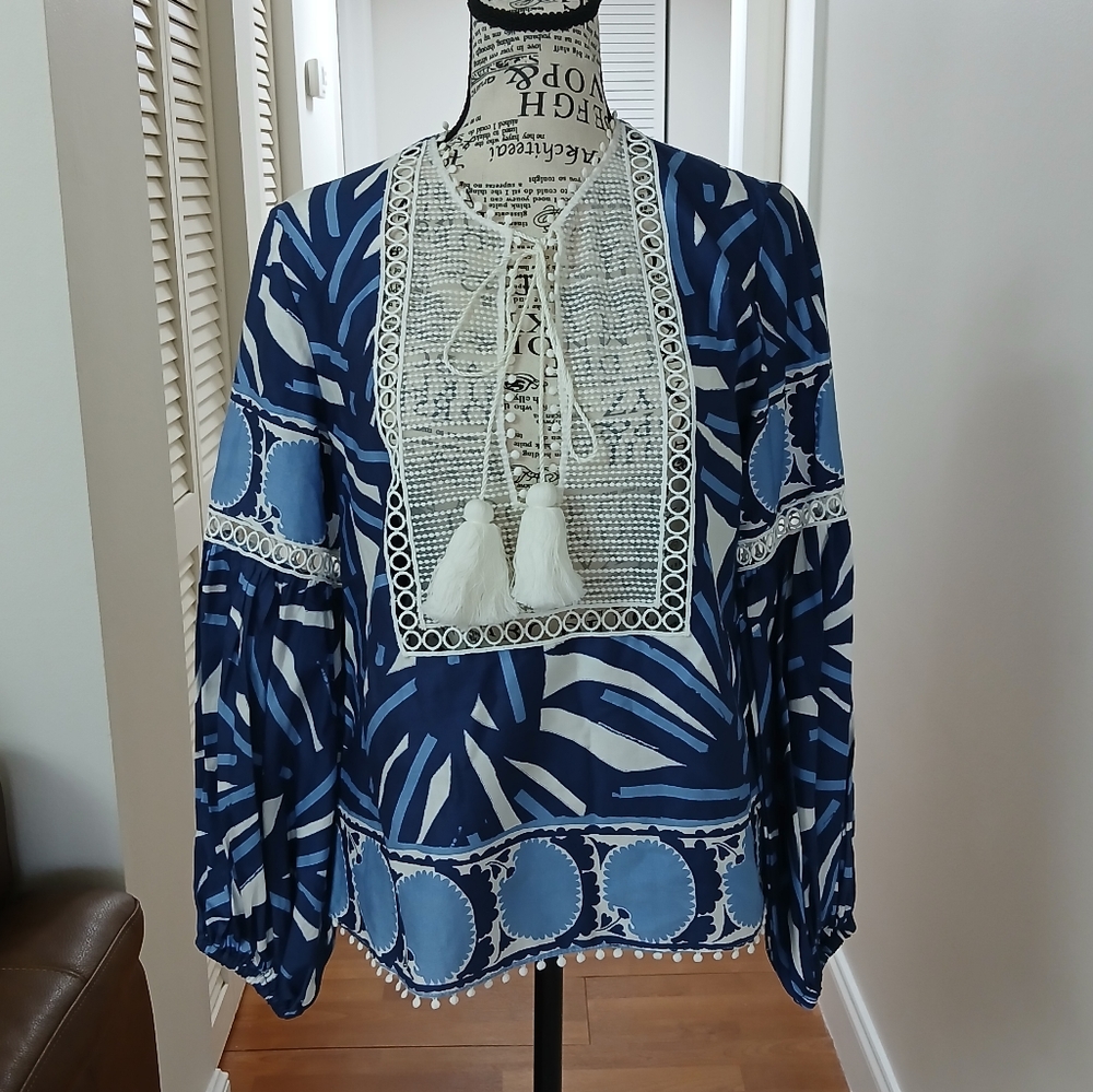 Alexis Tops Alexis Ciela Lace-Bib Long-Sleeve‎ Printed Cotton Top tassel tie
